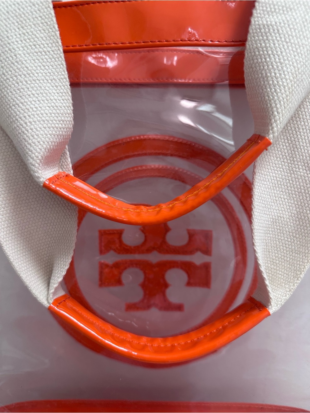 Tory Burch Clear PVC Tote with Orange Trim and Logo - Picture 10 of 12